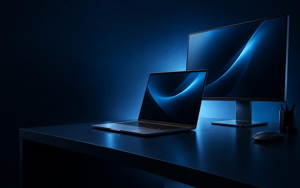 Laptop and monitor on a desk lit in blue