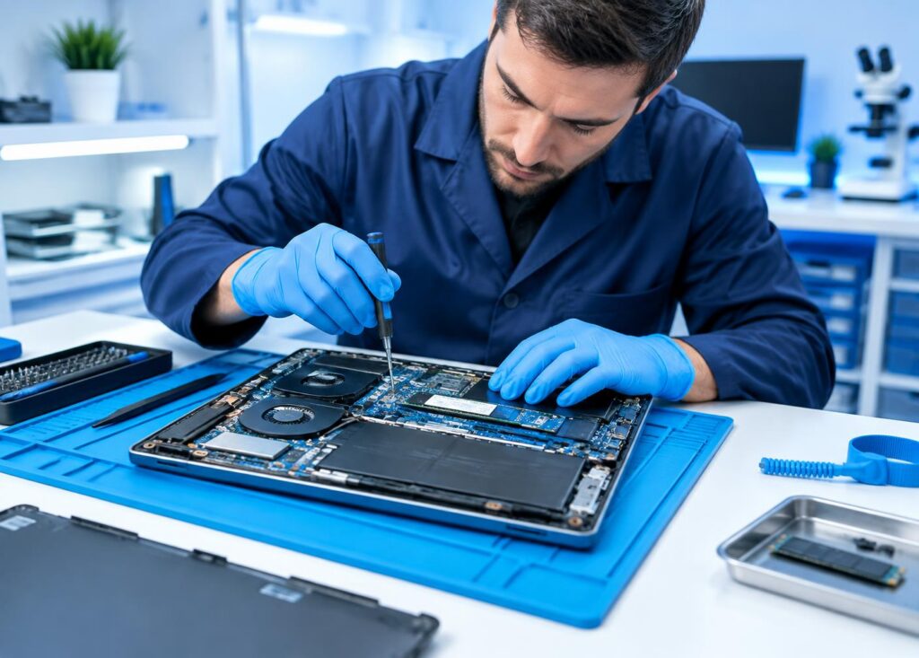 Technician repairing an open laptop